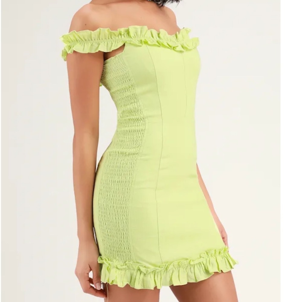 Lulus Mini Dress Women Small Lime Green Good Ruffle Off Shoulder Smocked
